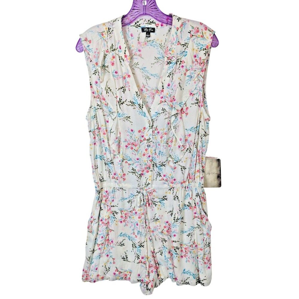 Lily Rose size L Ruffle Button Front Flutter Romper Pink Aqua Florals Juniors - Picture 1 of 14